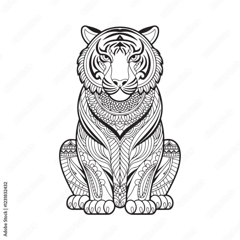Obraz premium Ornate Tiger Line Art – Perfect for Tattoos & Coloring Pages