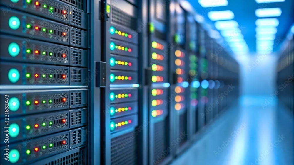 Modern Data Center with High-Tech Server Racks and Colorful LED Indicators in Blue Lighting Modern Data Center with High-Tech Server Racks and Colorful LED Indicators in Blue Lighting