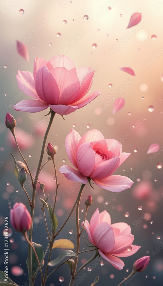 Fairytale-like scene with pink flowers and petals floating in the air under a soft glow Fairytale-like scene with pink flowers and petals floating in the air under a soft glow