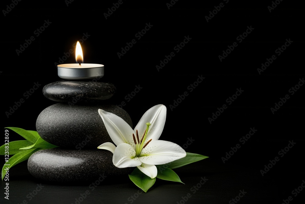 Zen candlelight with lily balanced stones Zen candlelight with lily balanced stones