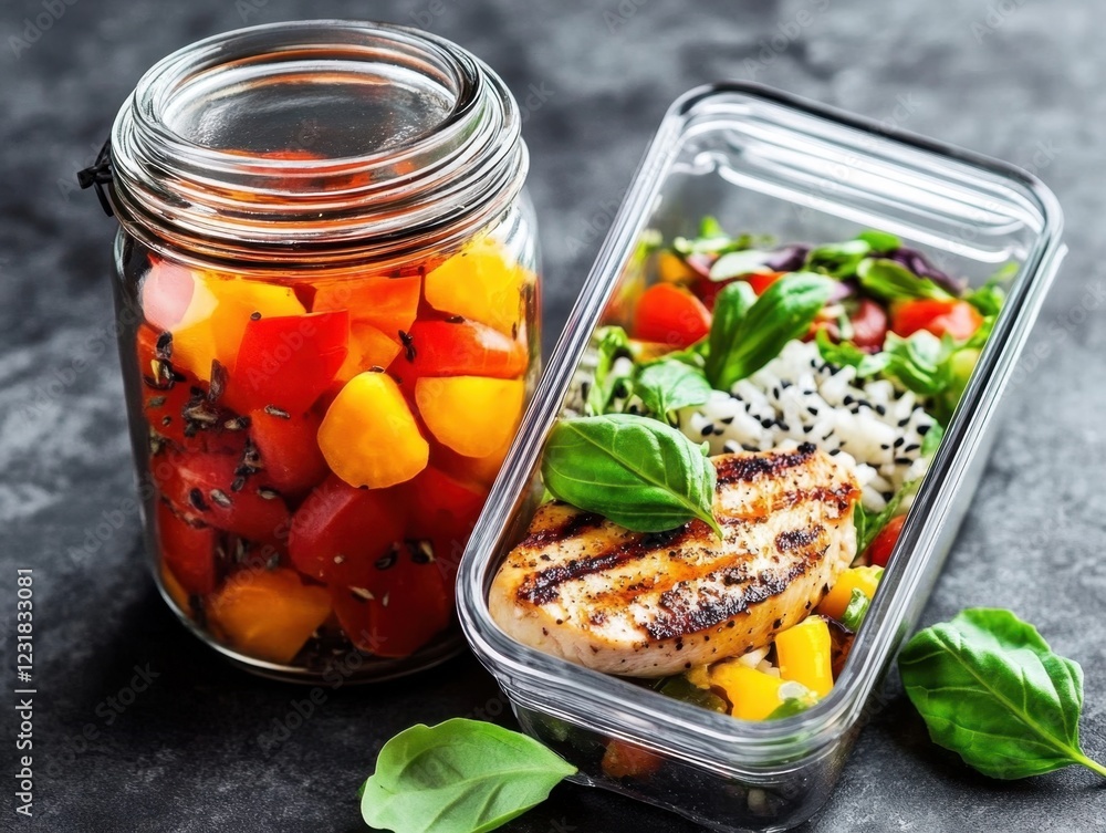 Grilled chicken salad fresh jar of veggies on dark rustic background Grilled chicken salad fresh jar of veggies on dark rustic background