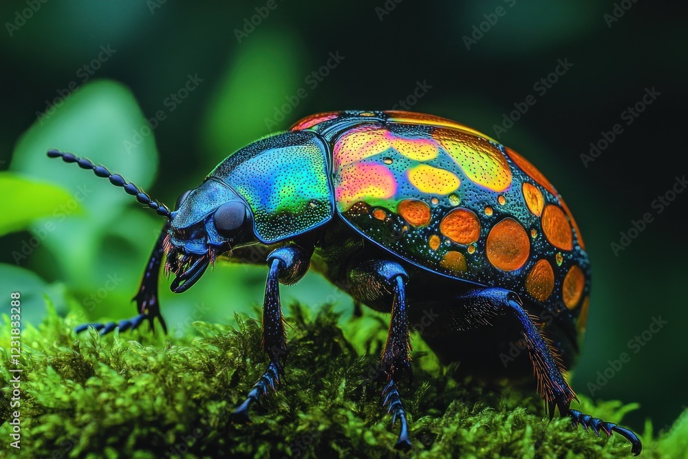 Fototapeta premium Colorful beetle crawling on lush green moss in nature