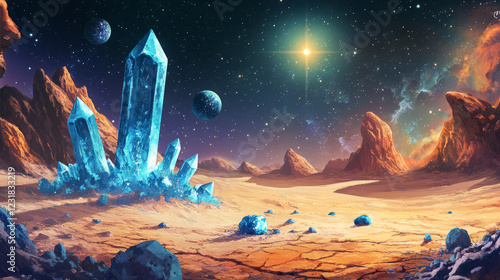 Fantasy alien planet landscape, space game background with dessert cracked ground surface with blue cristals and red rock, flying stone and cosmic dust, glowing star in sky cartoon vector illustration photo