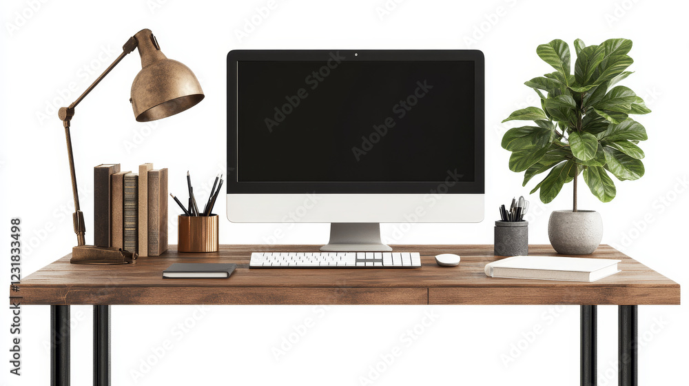 Fototapeta premium Home office window computer workspace set design isolated on white background. Modern cabinet environment for business workstation with lamp, plant, pc, coffee and notebook clipart illustration