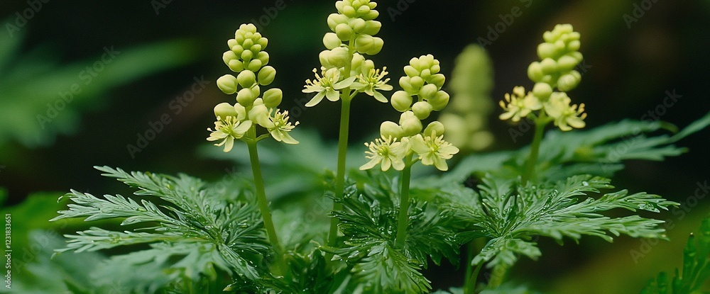 Lush green foliage with delicate pale yellow flowers in bloom. Lush green foliage with delicate pale yellow flowers in bloom.