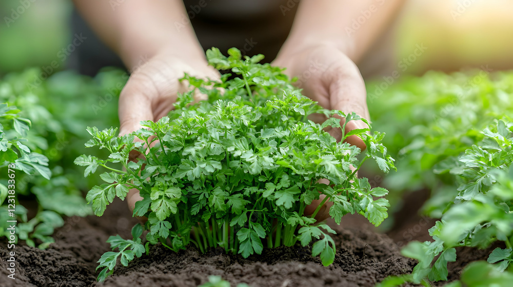 Hands planting seedlings in garden Hands planting seedlings in garden