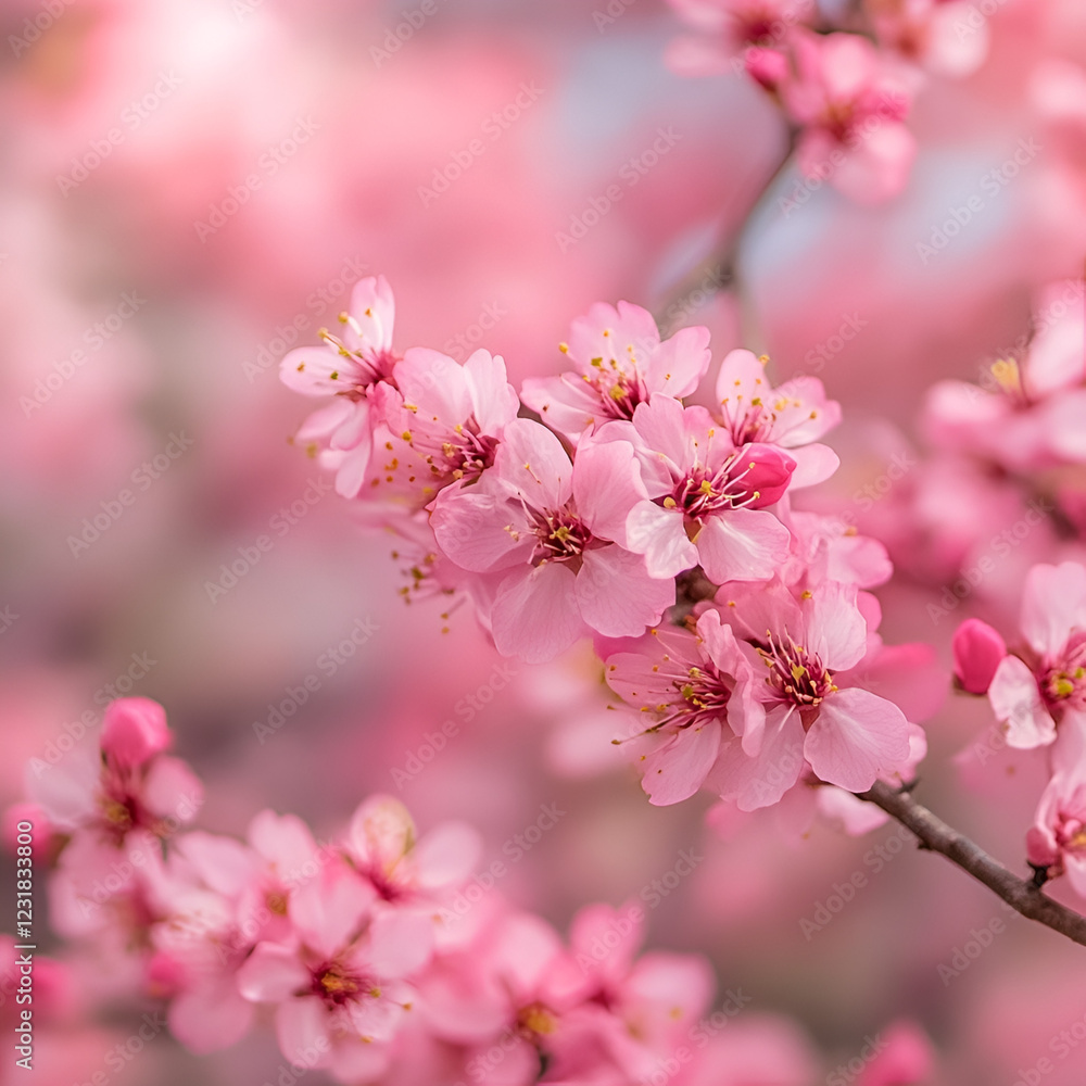 Cherry Blossom Branch: A delicate branch adorned with clusters of soft pink cherry blossoms, exuding the ephemeral beauty of spring and renewal. Cherry Blossom Branch: A delicate branch adorned with clusters of soft pink cherry blossoms, exuding the ephemeral beauty of spring and renewal.