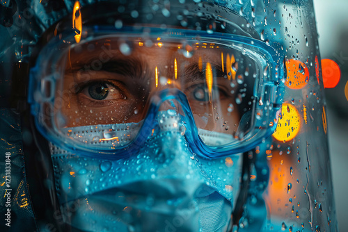 Close-up of a person wearing protective gear, costume, hazmat suit, mask, and goggles generative AI photo