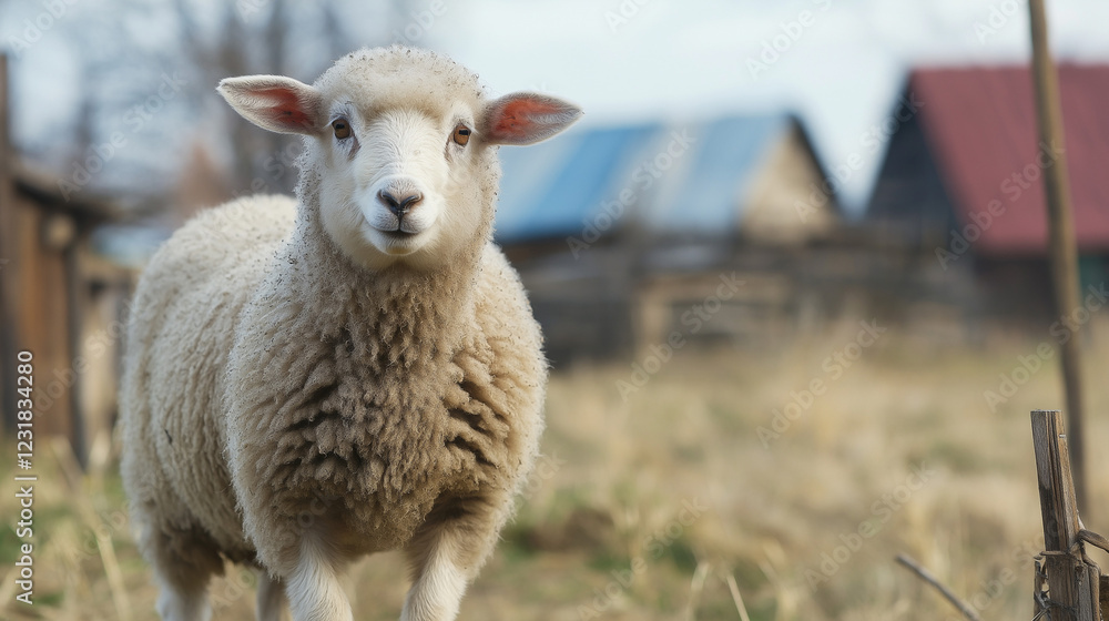 Fototapeta premium Young sheep in rural farm setting. Ideal for agricultural and livestock photography.