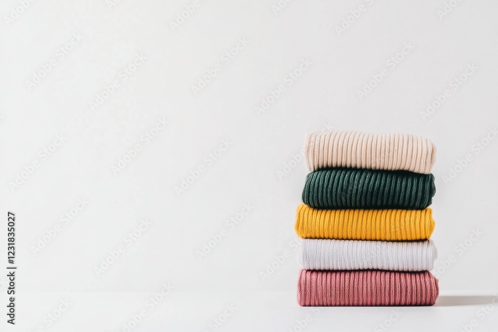 Stack of colorful folded sweaters on white background Stack of colorful folded sweaters on white background