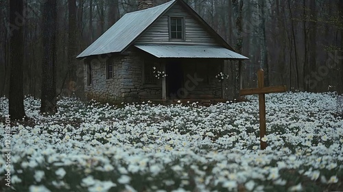 A rural stone church with a rustic wooden cross in front, surrounded by spring blossoms