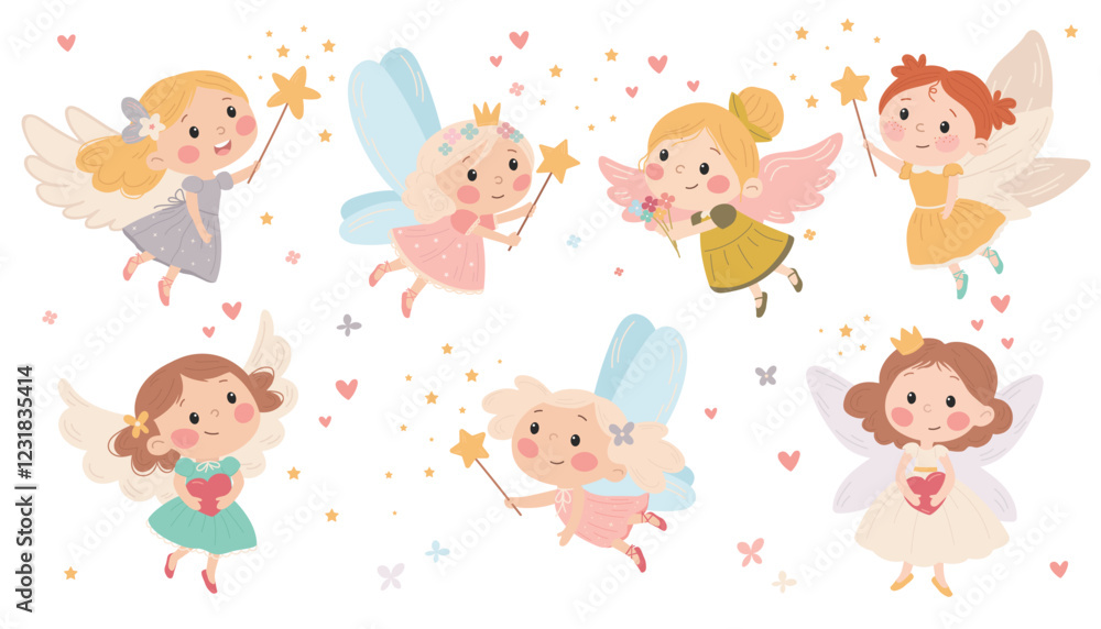Flat vector illustration in children's style. Cute fairy princess with magic wand on white background Flat vector illustration in children's style. Cute fairy princess with magic wand on white background