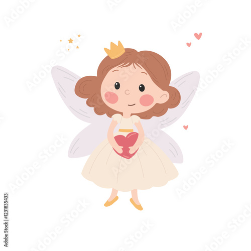 Cute fairy princess with heart and wings vector Illustration on a white background