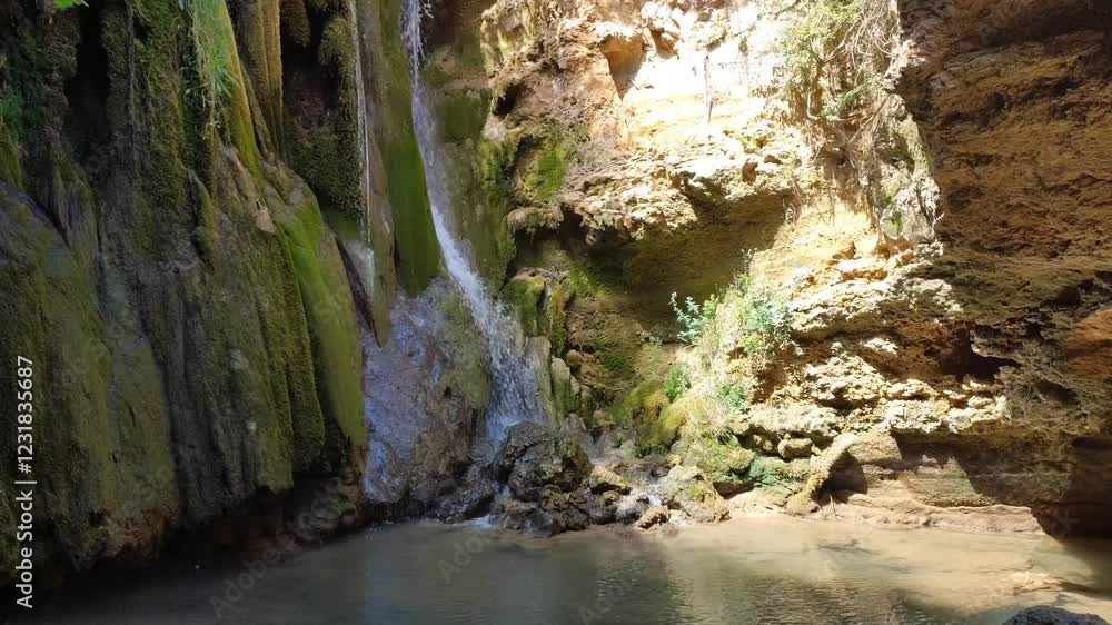 Beautiful view of a waterfall flowing down rocky walls in the Cuenca region, Spain