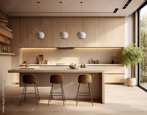 Modern light wood kitchen interior with minimalist design and sleek cabinets photo