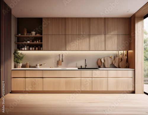 Modern light wood kitchen interior with minimalist design and sleek cabinets photo