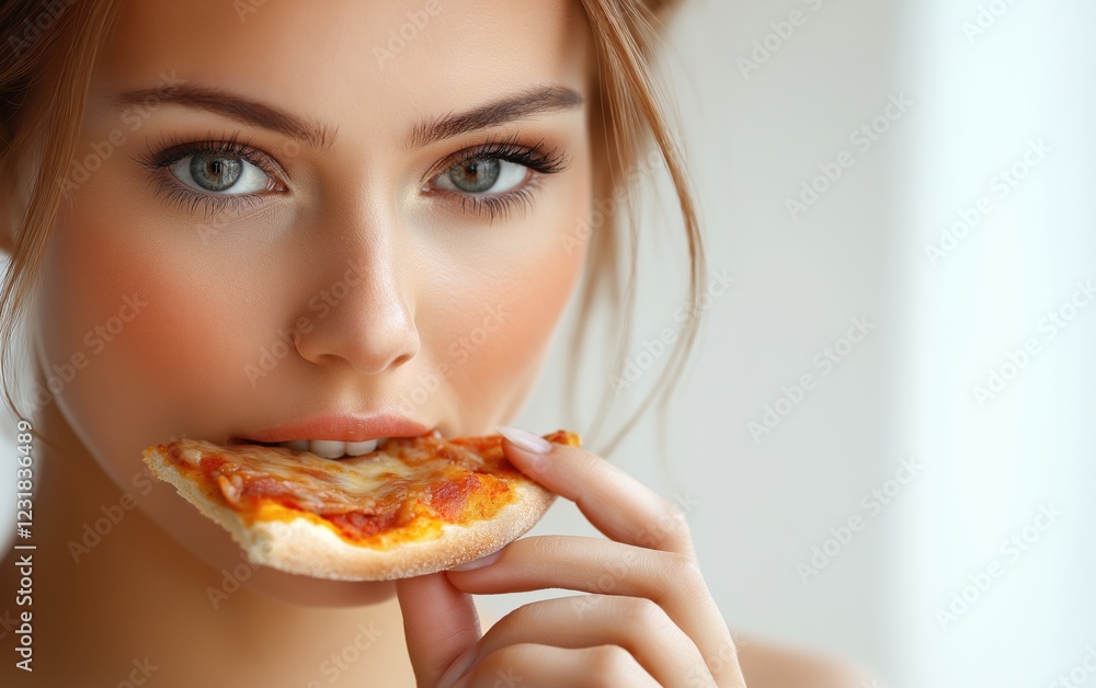 A beautiful young woman with glowing skin bites into a slice of pepperoni pizza, enjoying the taste. Close-up with a white background.
A beautiful young woman with glowing skin bites into a slice of pepperoni pizza, enjoying the taste. Close-up with a white background.