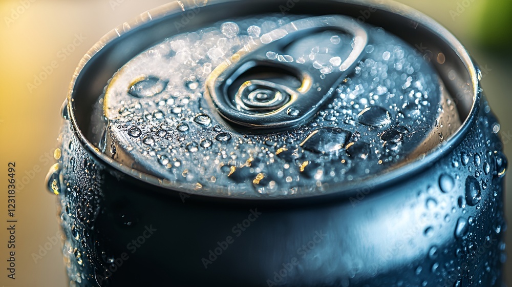 Macro shot of water droplets on a cold beverage can, glistening under bright light. Macro shot of water droplets on a cold beverage can, glistening under bright light.