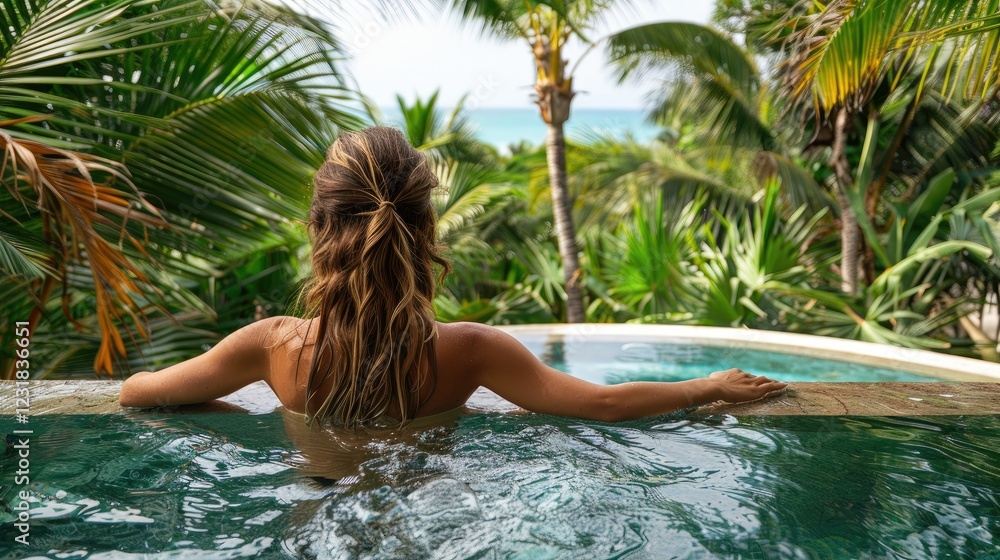 Fototapeta premium Relaxing in a serene pool surrounded by tropical greenery and ocean views