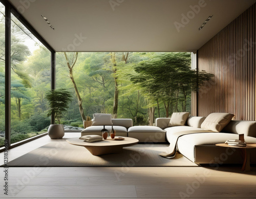 Modern living room interior with minimalistic furniture and large window overlooking lush greenery photo