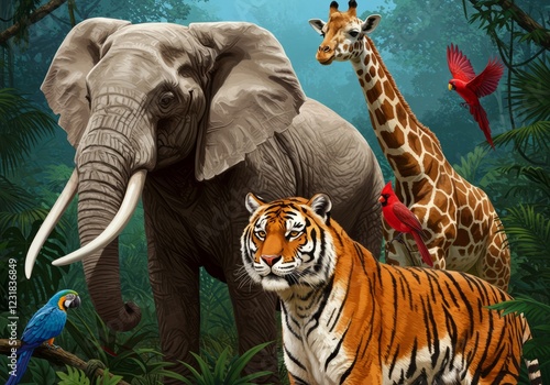 Majestic African Animals in Lush Jungle Setting