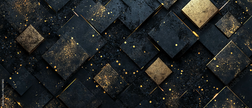 Elegant confetti texture with geometric golden squares on a black background Elegant confetti texture with geometric golden squares on a black background