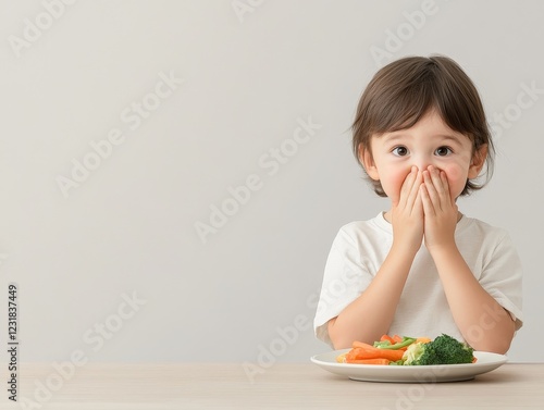 Сapricious young boy sitting at the table with a plate of vegetables, picky eater concept for healthy lifestyle 3