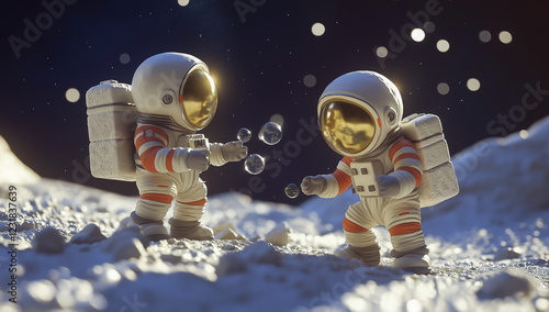 Two astronauts in space suits, sitting on the ground and making soap bubbles.