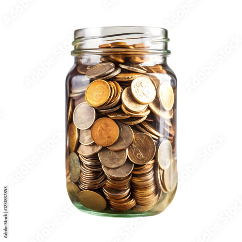  Glass Jar of coins on white background