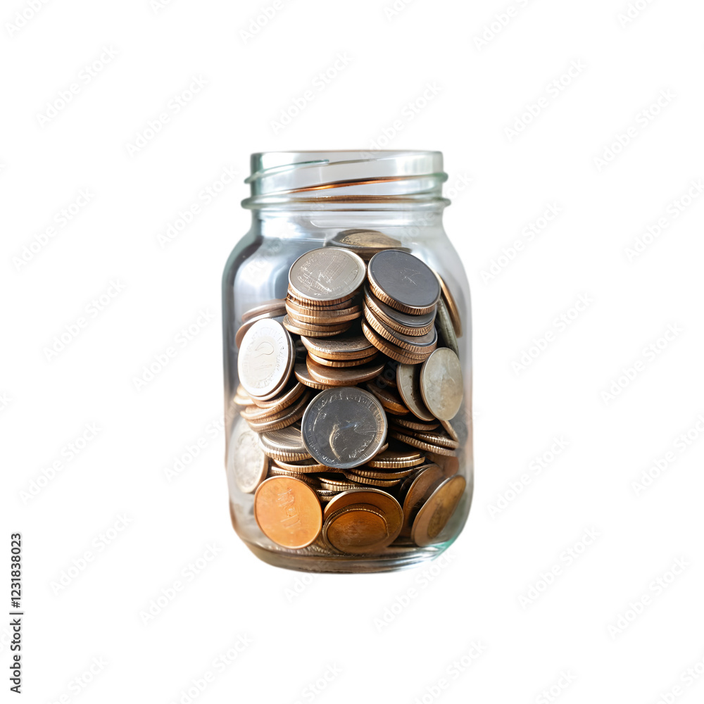 Glass Jar of coins on white background Glass Jar of coins on white background