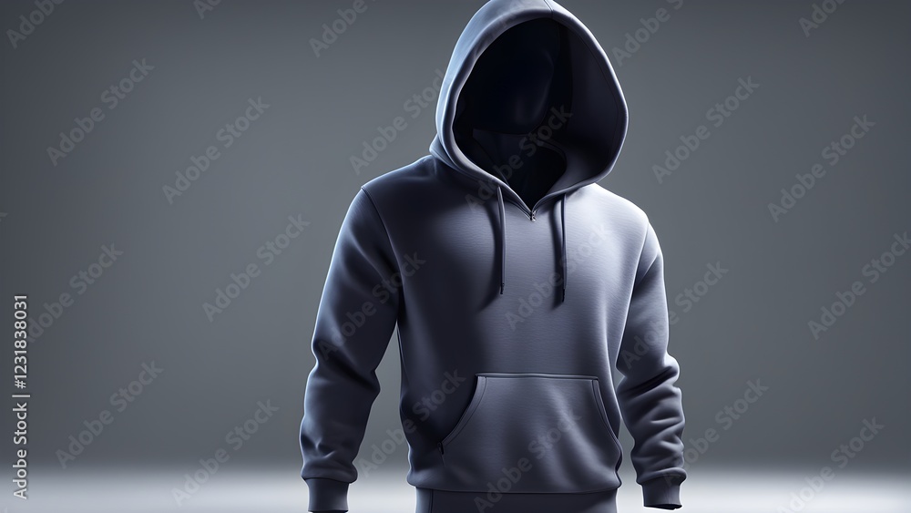 Studio shot of a dark gray hooded sweatshirt, the hood obscuring the model's face, against a neutral gray background. Studio shot of a dark gray hooded sweatshirt, the hood obscuring the model's face, against a neutral gray background.