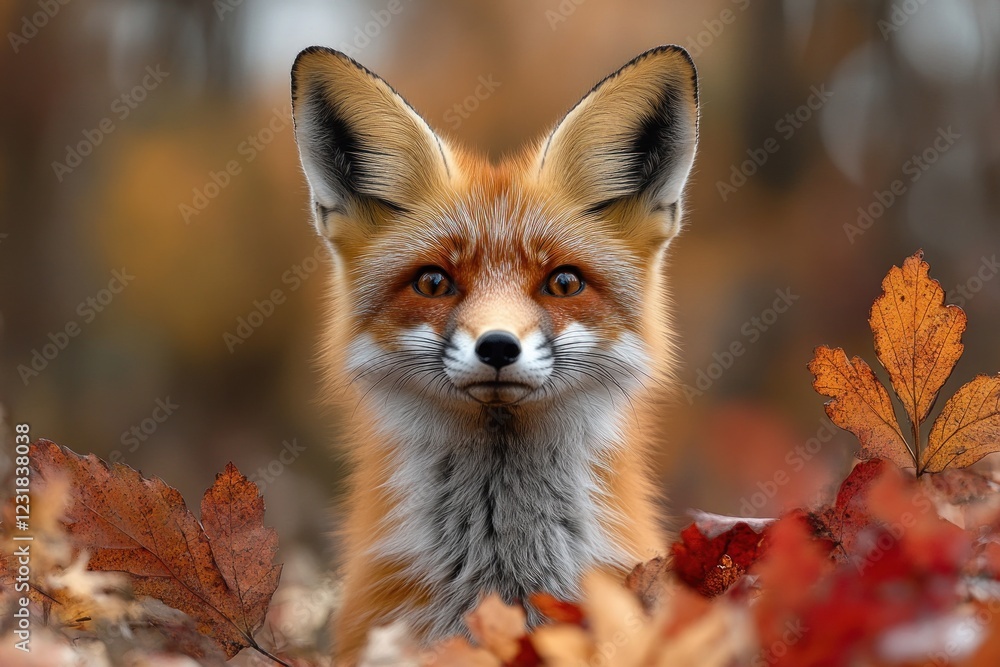 Naklejka premium Red fox amidst autumn leaves in forest