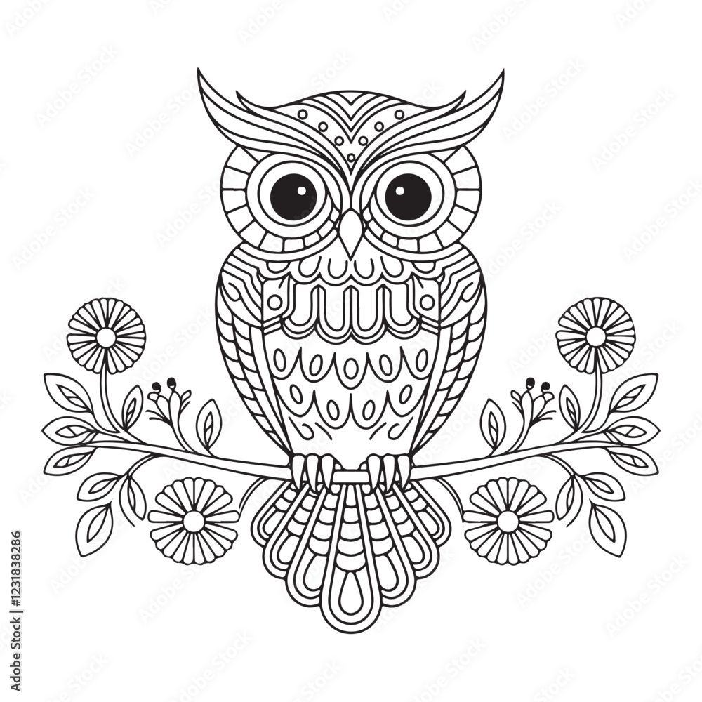 Fototapeta premium Ornate Owl Line Art – Perfect for Tattoos & Coloring Pages