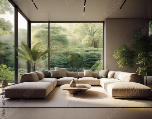 Modern living room interior with minimalistic furniture and large window overlooking lush greenery photo