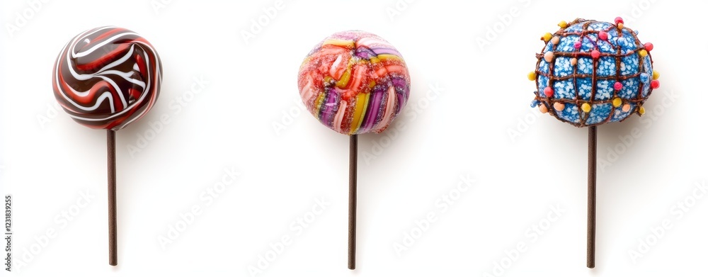 Three colorful lollipops on sticks, isolated on white. Three colorful lollipops on sticks, isolated on white.