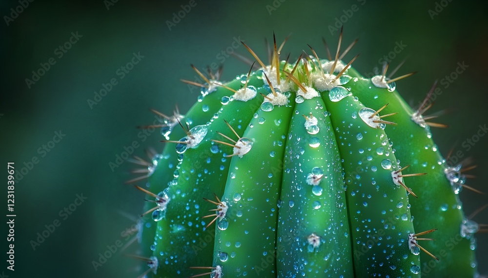 Tiny dew drops clinging to a vibrant green cactus, highlighting its texture. Tiny dew drops clinging to a vibrant green cactus, highlighting its texture.