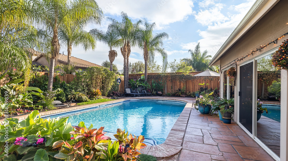Obraz premium Backyard swimming pool behind open glass door. Vector cartoon illustration of patio with wooden floor, poolside tropical garden with palm trees and flowers, brick fence, garland lights, sunny day