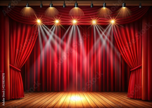 Theater stage with red curtain and spotlight Vector festive template with lights and scene. red podium 3d