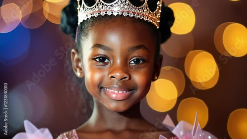 Sparkling princess: young girl in elegant tiara and dress with glowing bokeh background