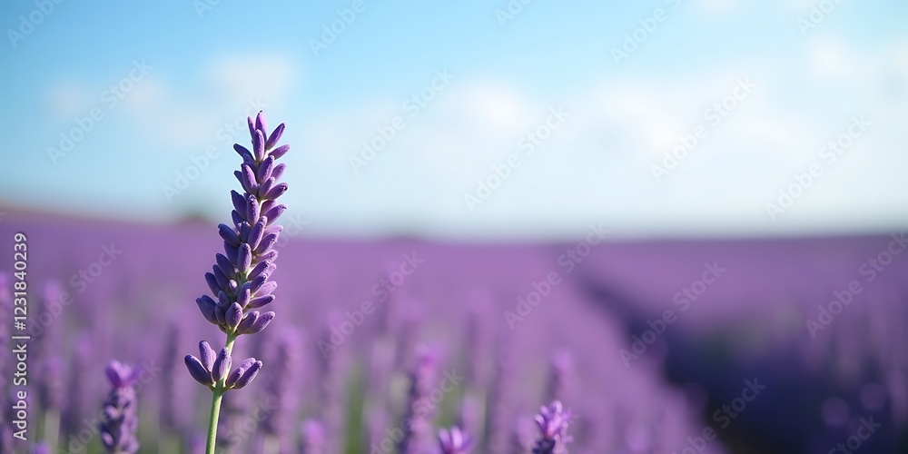 Obraz premium Lavender Field with Purple Hues and Clear Sky Featuring Ample Space for Text