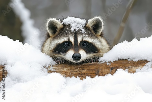 A raccoon peeking out from behind a snow-covered log, curious and cautious in the wintry forest. photo