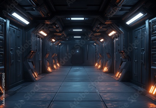 Futuristic spaceship corridor with glowing orange and blue lights.