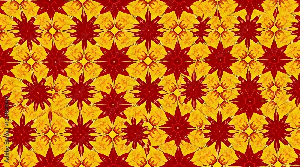 A seamless pattern displaying repeating patterns of intricate geometric shapes, with high contrast colors of deep red and bright yellow, in a bold and graphic style, evoking a strong s. A seamless pattern displaying repeating patterns of intricate geometric shapes, with high contrast colors of deep red and bright yellow, in a bold and graphic style, evoking a strong s.