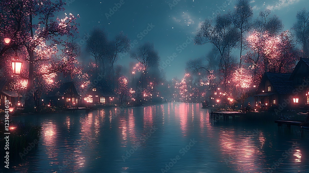 Fototapeta premium A serene churchyard with glowing lanterns and blooming cherry blossom trees