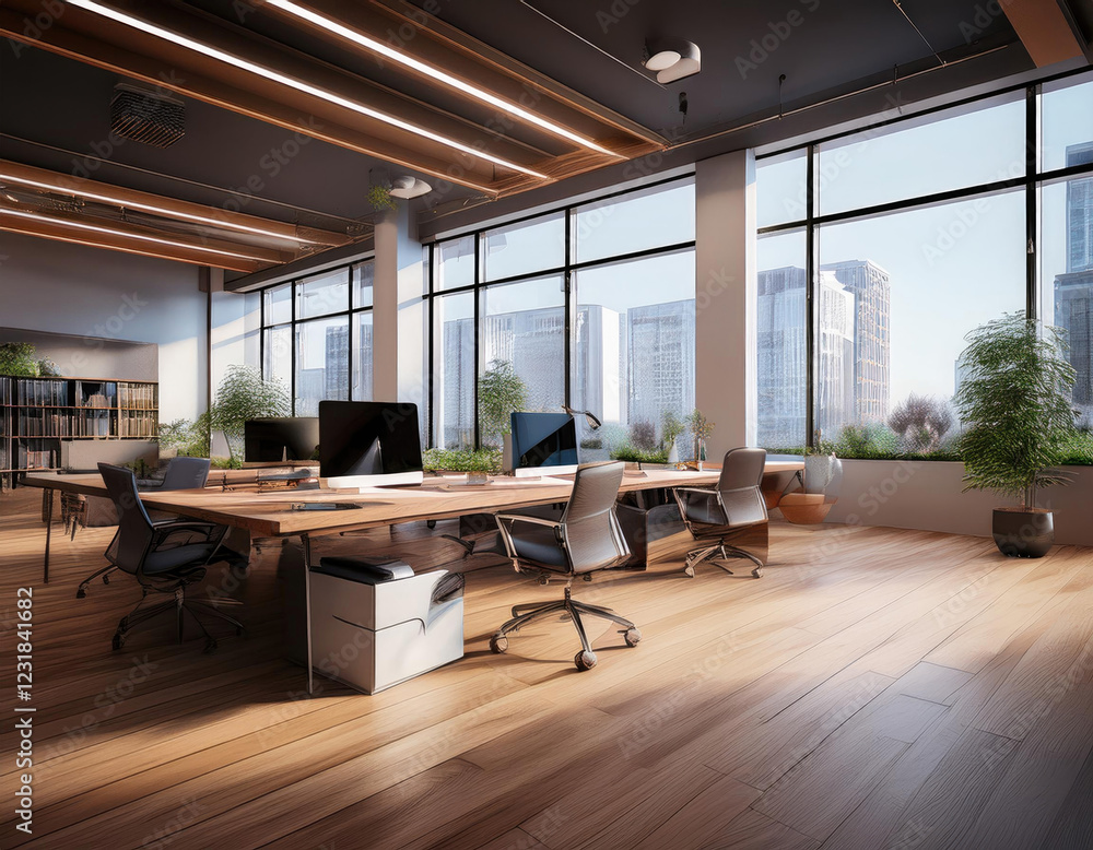 Modern office loft interior with open space design and minimalist furniture concept Modern office loft interior with open space design and minimalist furniture concept