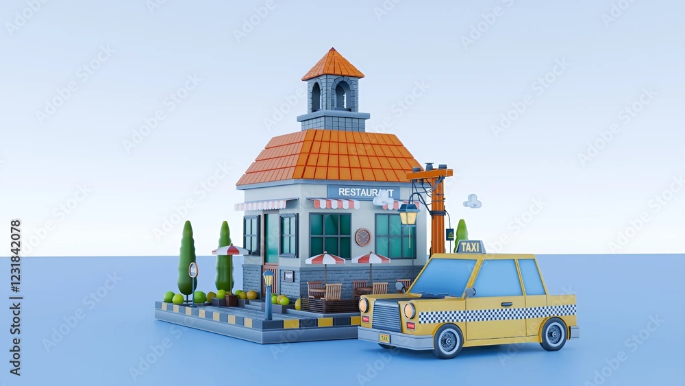 Naklejka premium Toy taxi, a small house, and a background near a clean sea