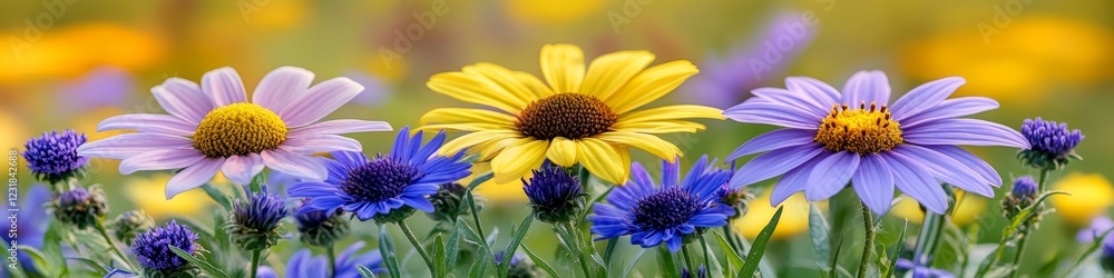 Wildflower Meadow Vibrant Yellow, Purple, and Blue Blooms Bathed in Golden Hour Light Wildflower Meadow Vibrant Yellow, Purple, and Blue Blooms Bathed in Golden Hour Light