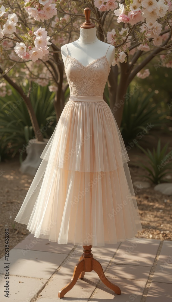 Fototapeta premium Elegant beige dress with intricate beading on mannequin set amidst blooming flowers