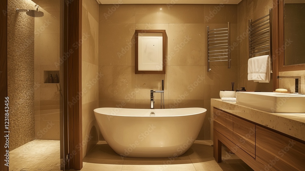 Fototapeta premium Elegant bathroom featuring rich earth tone interior design with modern fixtures and a serene atmosphere for relaxation