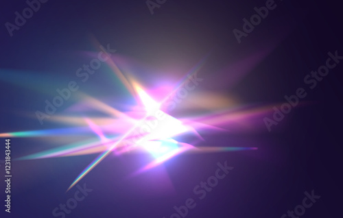 Crystal rays of light, prism refraction, lens flare, crystal glass reflection effect. Prism vector, realistic light leak effect with spectral flare. Bright light banner, poster, template.